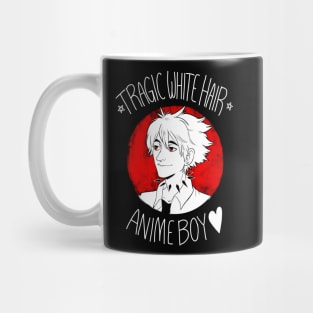 Tragic White Hair Anime Boy - White Font Mug